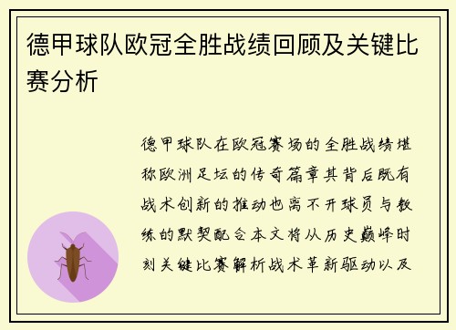德甲球队欧冠全胜战绩回顾及关键比赛分析